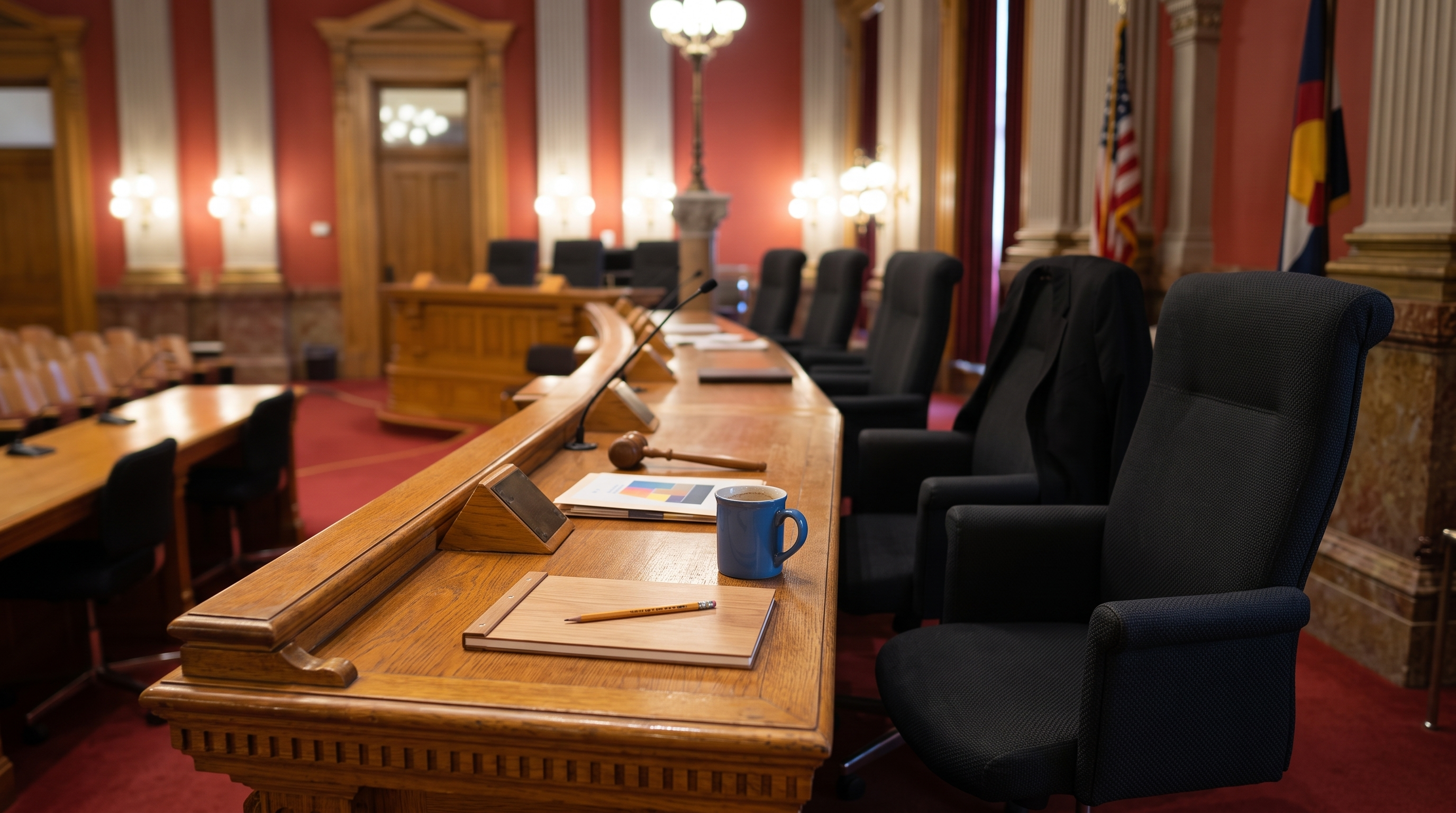 A close view along a desk in a legislative chamber between sittings: oak desking with a gavel, a notepad and a mug, chairs pushed back, and the dais and flags falling out of focus beyond.