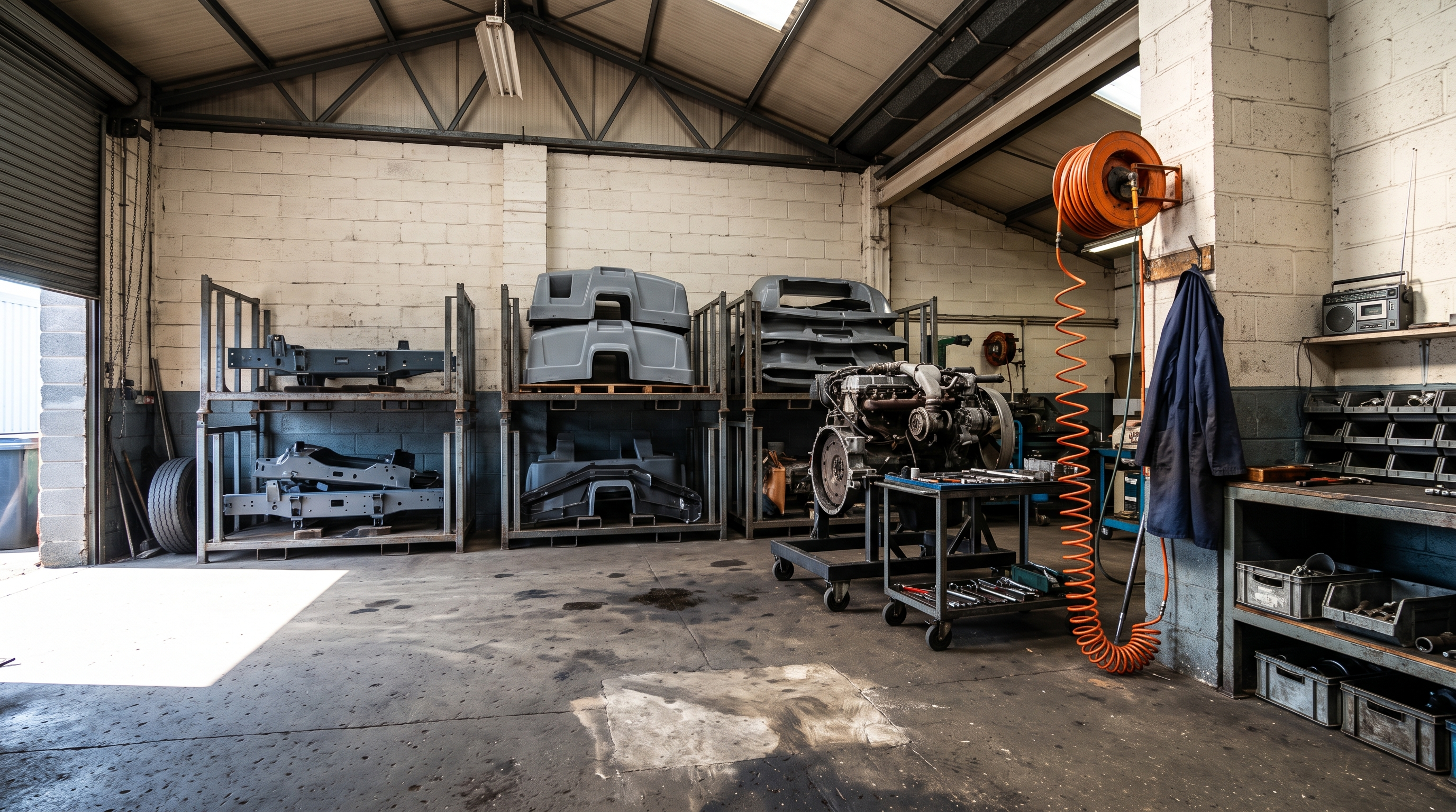 The corner of a working machinery repair shop: painted steel frames and grey housings stacked on stillages against a breeze-block wall, an engine stand with a part-stripped job on it, and hard sunlight falling across a swept concrete floor.