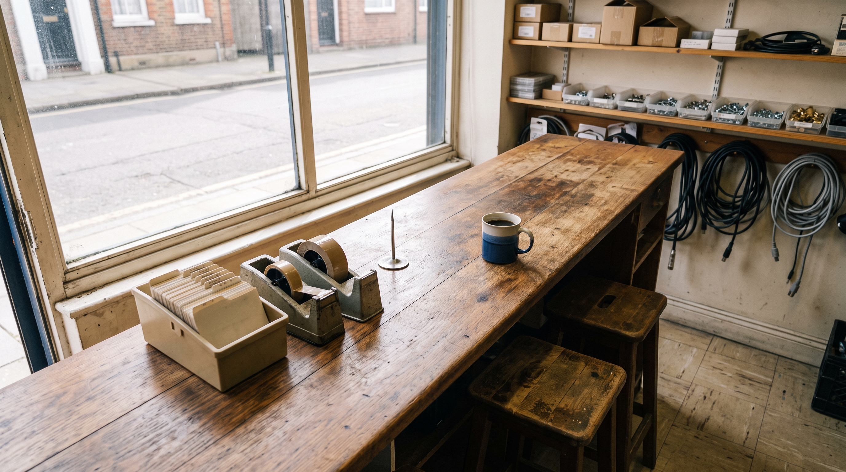 The counter of a small independent repair shop seen from behind, daylight from the street window falling across a worn timber counter top, with shelves of small hardware and coiled leads on the wall behind.