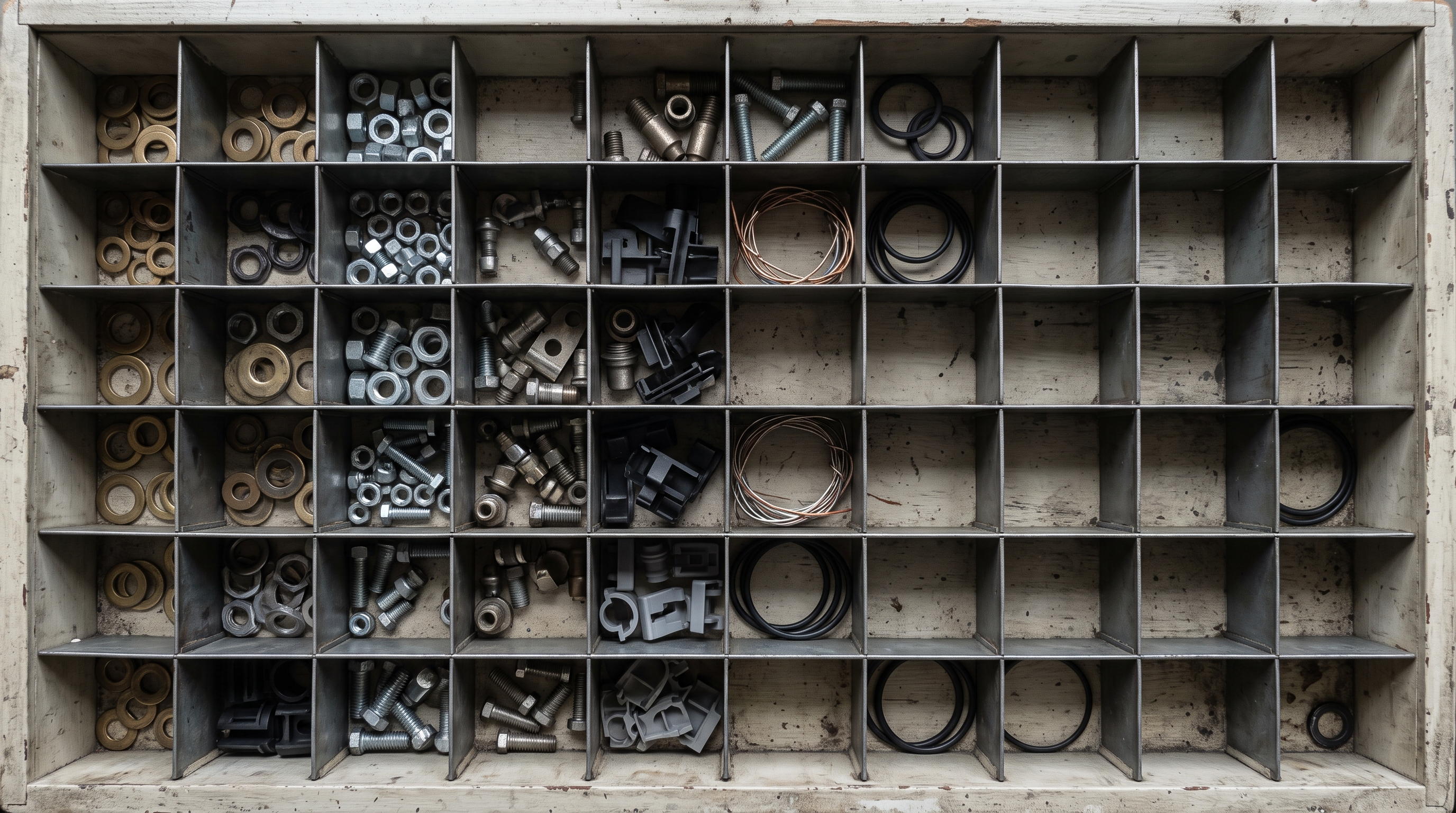A shallow divided parts drawer seen from directly above, filling the frame, holding machined fittings, brass washers, zinc fasteners, grey and black clips, coiled cable and rubber seals, with several compartments empty.