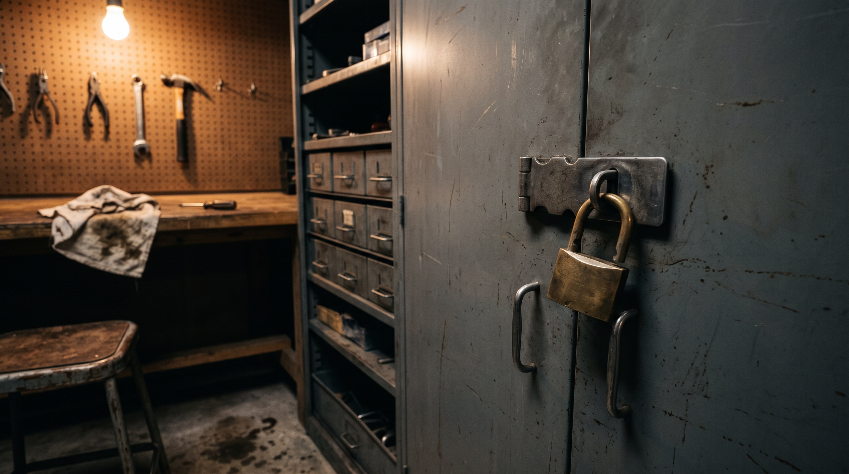 A steel parts storage cabinet in a repair workshop at night, an open brass padlock hanging from its hasp, lit by one warm bulb with tools and a pegboard falling into shadow around it.